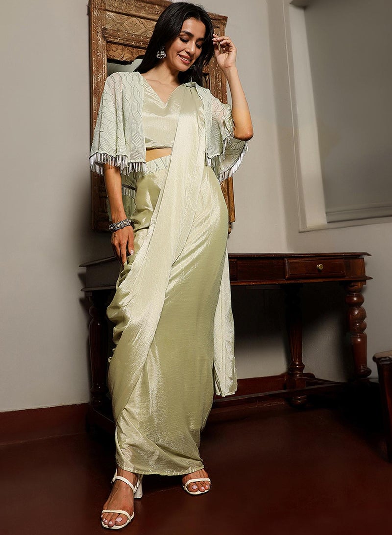 QISSA Women's Sage Green Bijou Cape Pre-Draped Saree For Casual Wear | V-Neck | Cape Sleeves | 1 Piece Pre-Draped Saree Designed With Comfort Fit For Everyday Ethnic Wear - Image 1